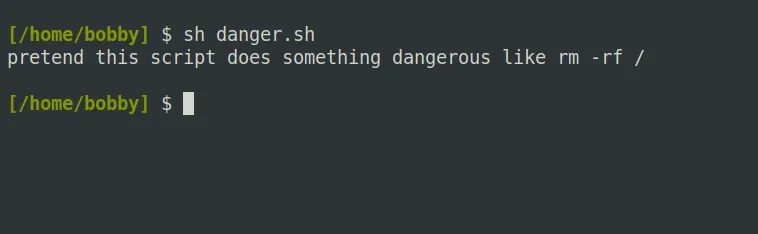 Ví dụ chạy một script Linux thông qua trình thông dịch sh, chứng minh khả năng bypass quyền thực thi trực tiếp.