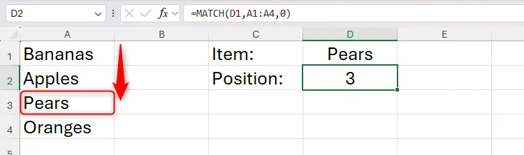 Ví dụ đơn giản về hàm MATCH trong Excel tìm vị trí của từ &quot;Pears&quot;
