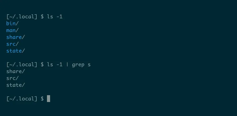 Ví dụ sử dụng lệnh ls và grep trên terminal Linux, hiển thị cách lọc kết quả liệt kê file bằng pipeline để tìm file chứa &quot;g&quot;.