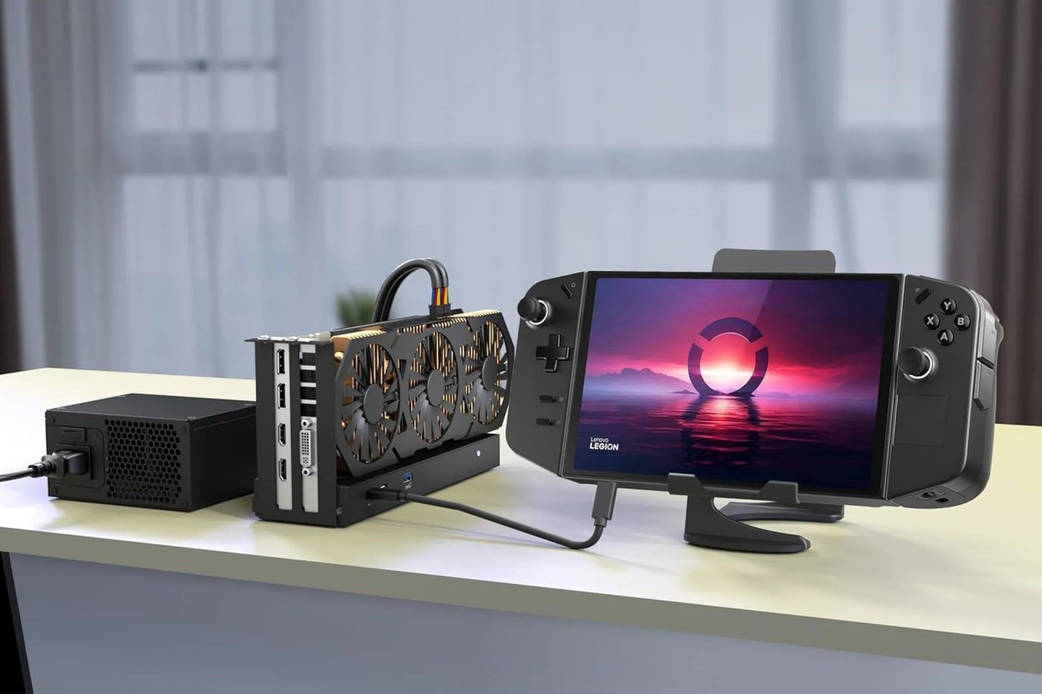 Vỏ bọc eGPU TREBLEET Thunderbolt 3 mini kết nối với Lenovo Legion GO, cho phép tăng cường hiệu suất đồ họa cho thiết bị chơi game cầm tay