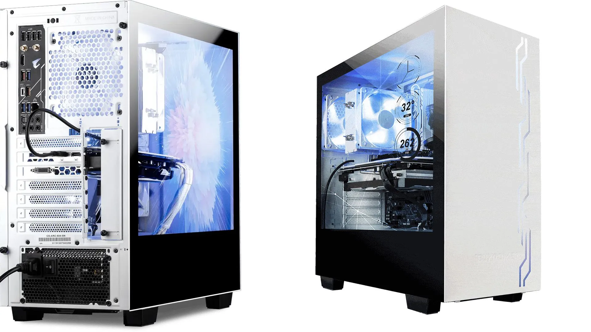 Vỏ case iBuyPower Snowblind S với màn hình trong suốt hiển thị thông số hoạt động của PC và hình ảnh động