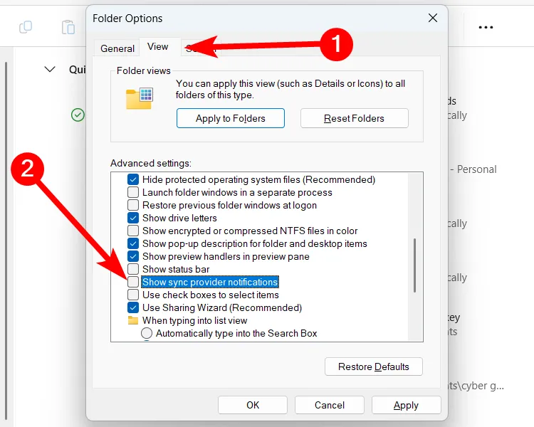 Vô hiệu hóa thông báo quảng cáo từ nhà cung cấp đồng bộ trong File Explorer của Windows 11.