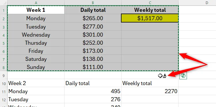 Vùng ô đã sao chép định dạng trong Excel hiển thị đường nét đứt và con trỏ chuột hình cây cọ Format Painter