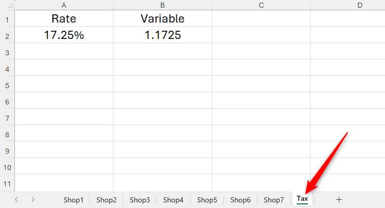 Worksheet &quot;Tax&quot; trong Excel chứa tỷ lệ thuế và giá trị nhân tương ứng