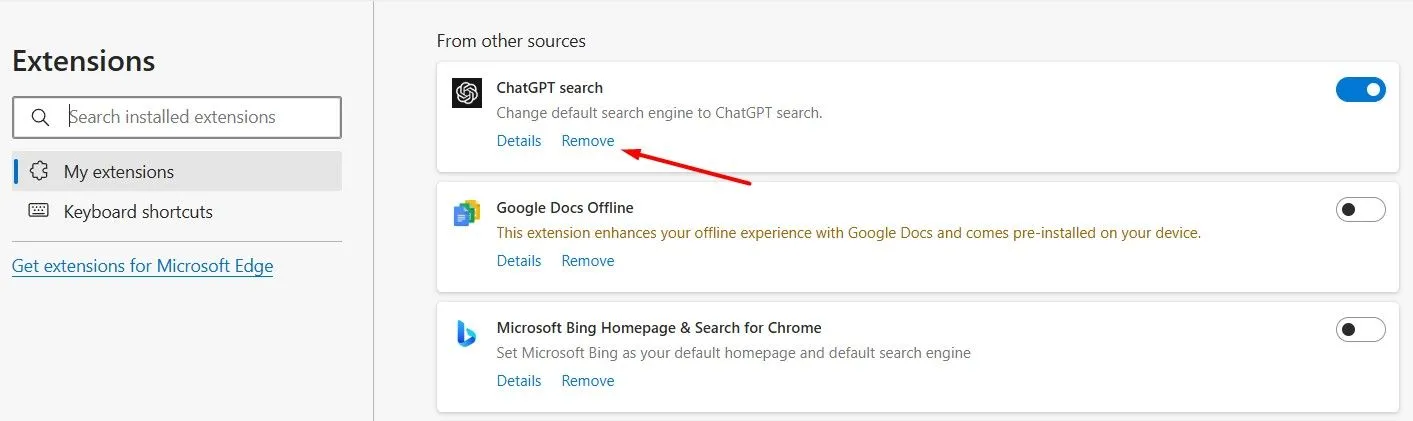 Xóa tiện ích ChatGPT Search khỏi Microsoft Edge