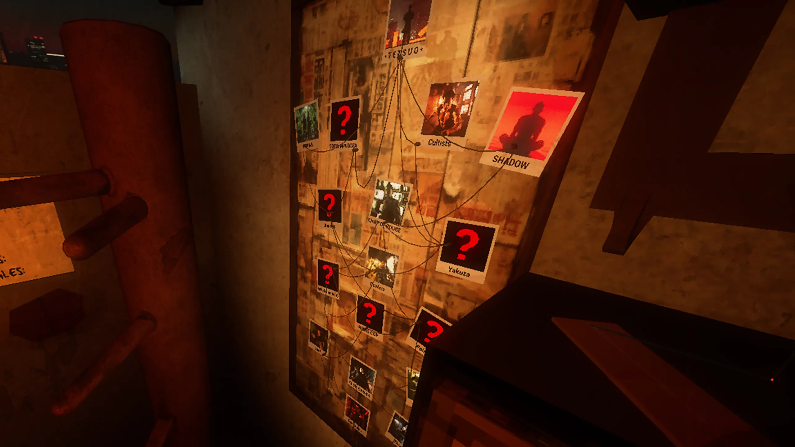 A cork board with enemies on it in Path of Fury.