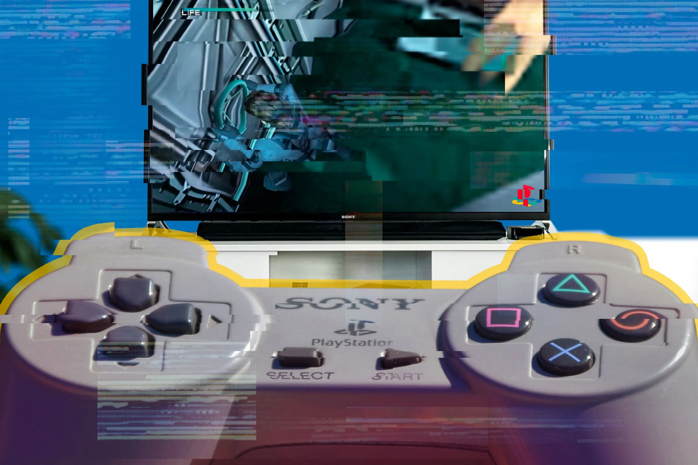 A Playstation 1 controller with Metal Gear Solid running on a TV and a glitch effect.