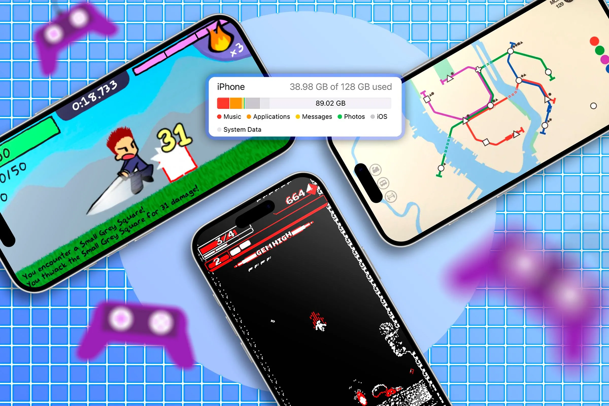 Ba chiếc iPhone hiển thị các trò chơi khác nhau, minh họa khả năng xử lý game mạnh mẽ của chip Apple.