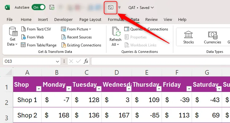 Biểu tượng công cụ Camera trong Excel đã được thêm thành công vào thanh truy cập nhanh (QAT).
