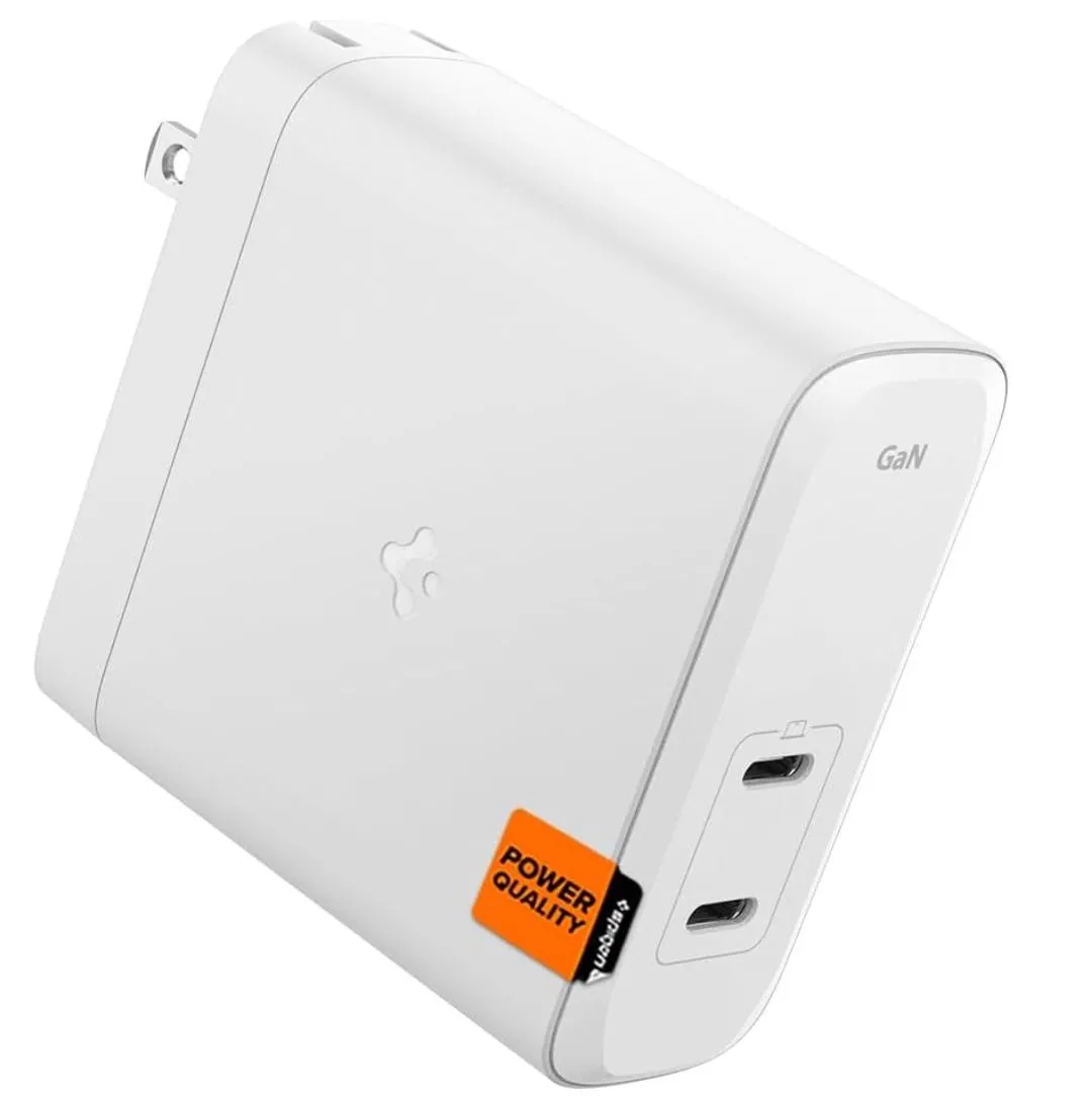 Bộ sạc tường Spigen GaN III 140W màu đen với hai cổng USB-C và chấu cắm gập gọn tiện lợi.