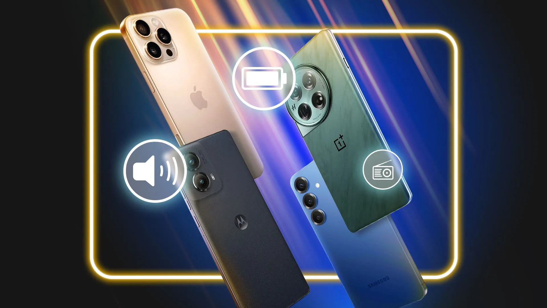 Bốn chiếc smartphone cách điệu nổi trên nền xanh với các biểu tượng pin, loa và sóng radio, tượng trưng cho những công nghệ mới và tương lai đầy hứa hẹn của ngành công nghiệp smartphone.