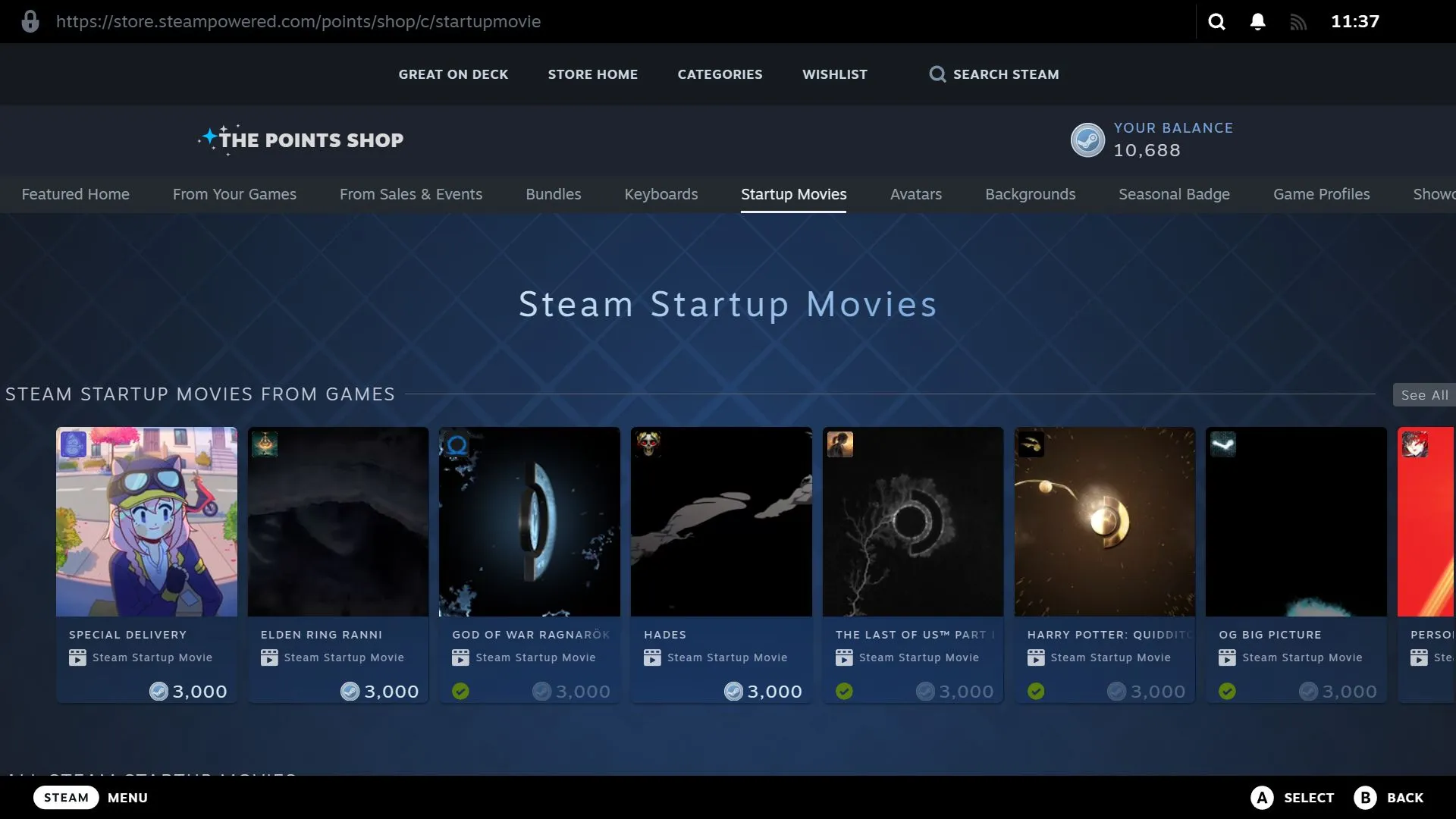 Các lựa chọn video khởi động Steam (startup movies) có sẵn trong Cửa hàng Điểm (Points Shop), bao gồm cả các chủ đề game nổi tiếng.
