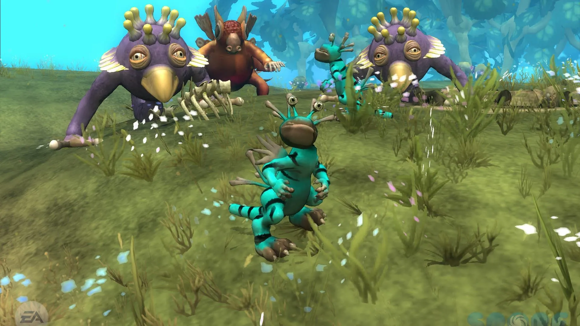 Các sinh vật Spore tương tác hòa bình, minh họa cho gameplay phát triển loài phi bạo lực