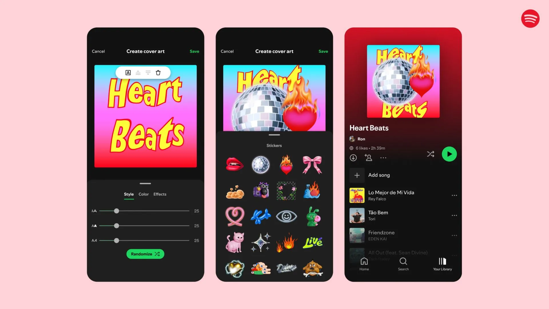 Các tùy chọn ảnh bìa playlist ngày Valentine trên Spotify, giúp người dùng cá nhân hóa danh sách nhạc lãng mạn