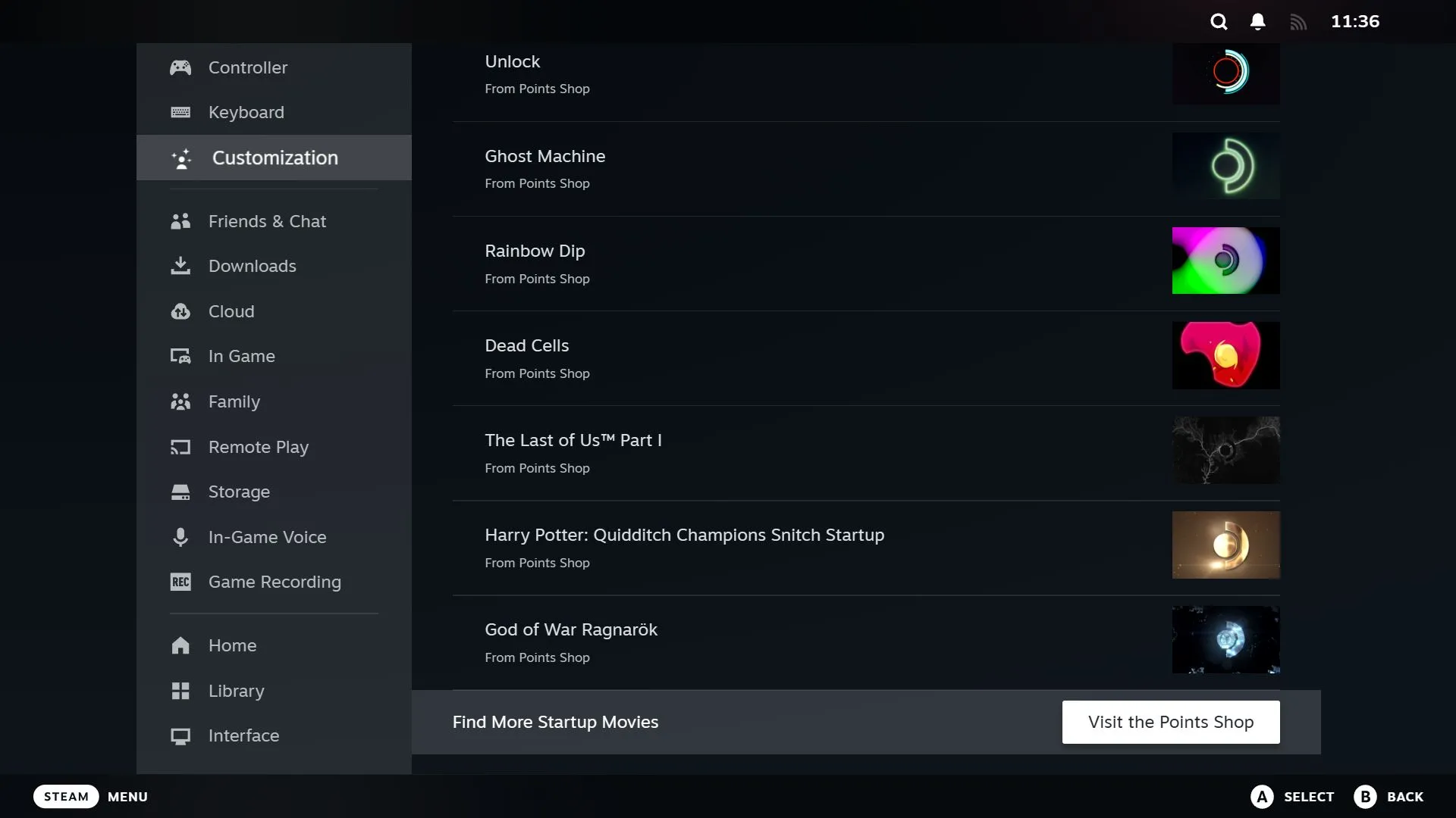 Cài đặt Tùy chỉnh của Steam với nút &quot;Ghé thăm Cửa hàng Điểm&quot; được làm nổi bật, cho phép người dùng khám phá thêm video khởi động Steam.