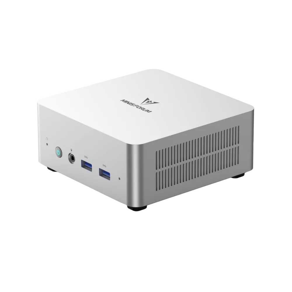 Cận cảnh mini PC MINISFORUM UN1250 trên nền trắng, nổi bật các cổng kết nối.