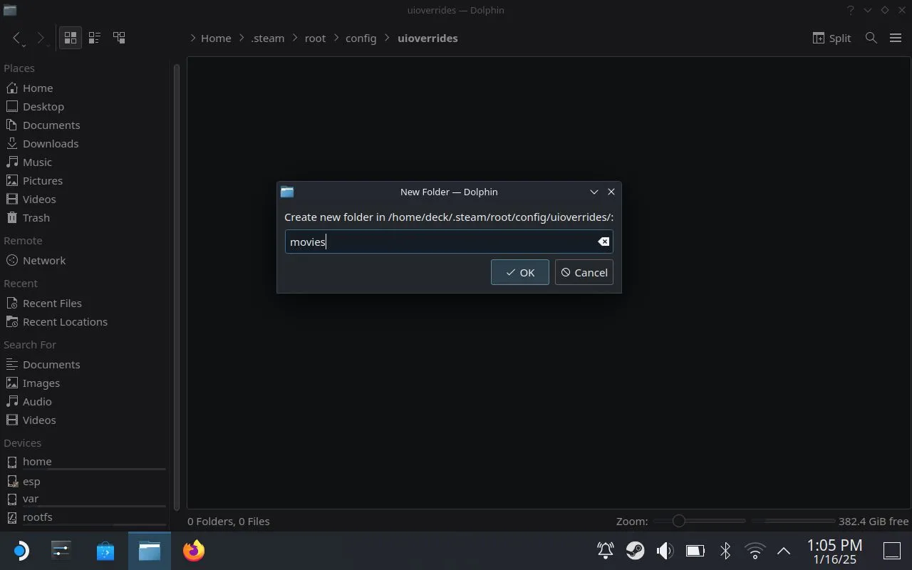 Cửa sổ &quot;Tạo thư mục mới&quot; trong Trình quản lý Tệp Dolphin trên Steam Deck, hướng dẫn tạo thư mục &quot;uioverrides&quot; để lưu trữ video khởi động tùy chỉnh.