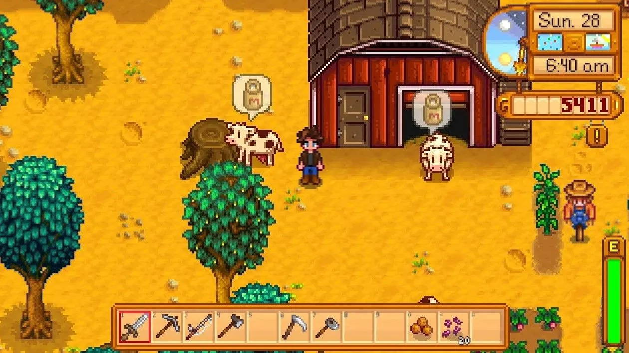 Đàn bò trên trang trại Stardew Valley với biểu tượng chỉ dẫn cần được chăm sóc hoặc sẵn sàng vắt sữa, minh họa Better Ranching mod