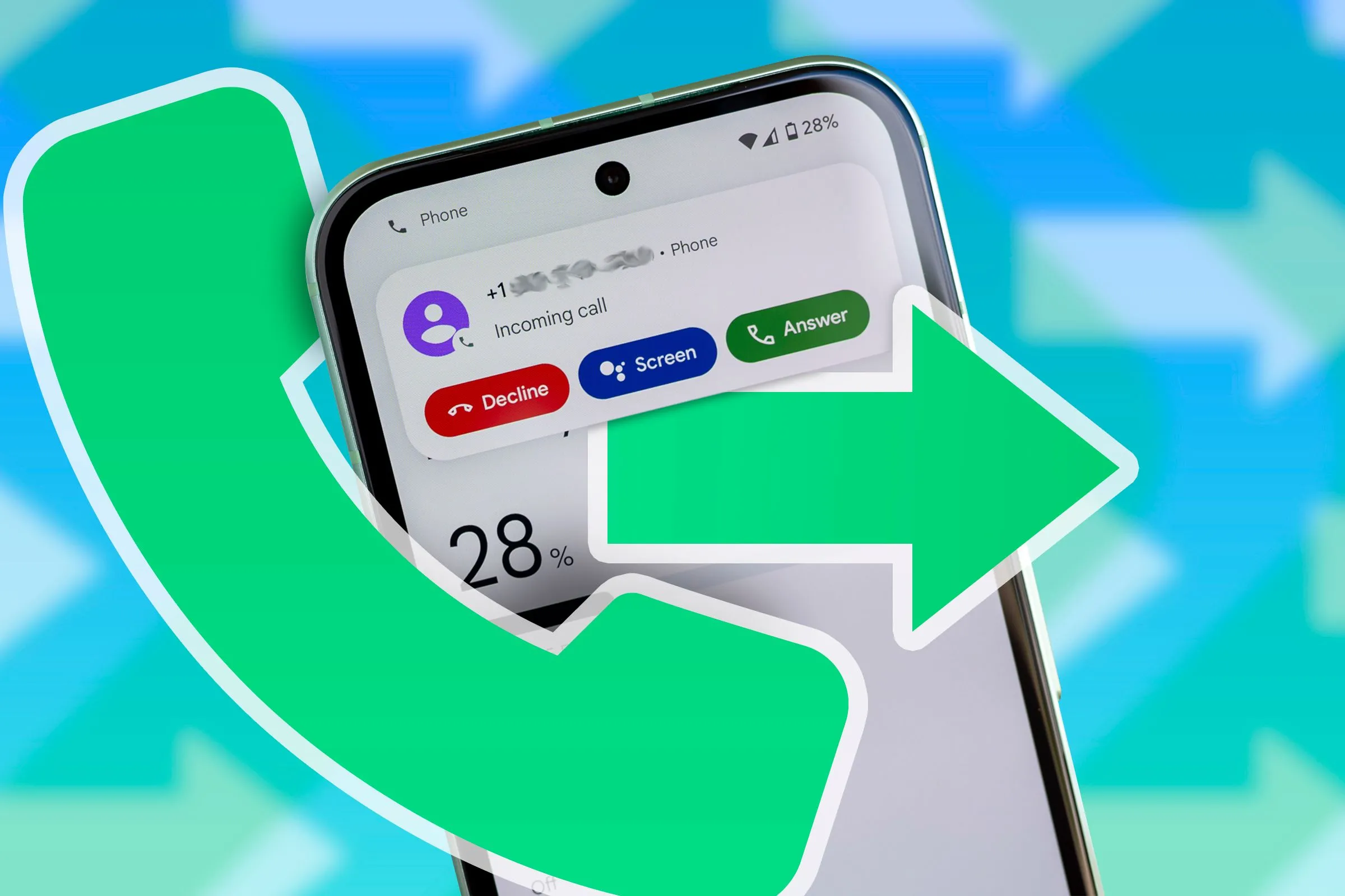 Điện thoại hiển thị cuộc gọi đến và biểu tượng chuyển tiếp cuộc gọi, minh họa chức năng cuộc gọi Wi-Fi khi không có sóng di động