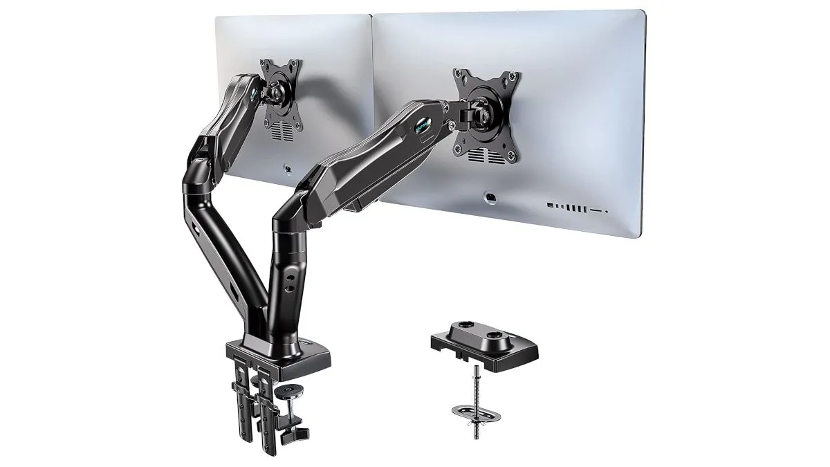 Giá đỡ kép gắn hai màn hình màu bạc, thể hiện giải pháp nâng cao khả năng điều chỉnh độ cao và vị trí màn hình máy tính.