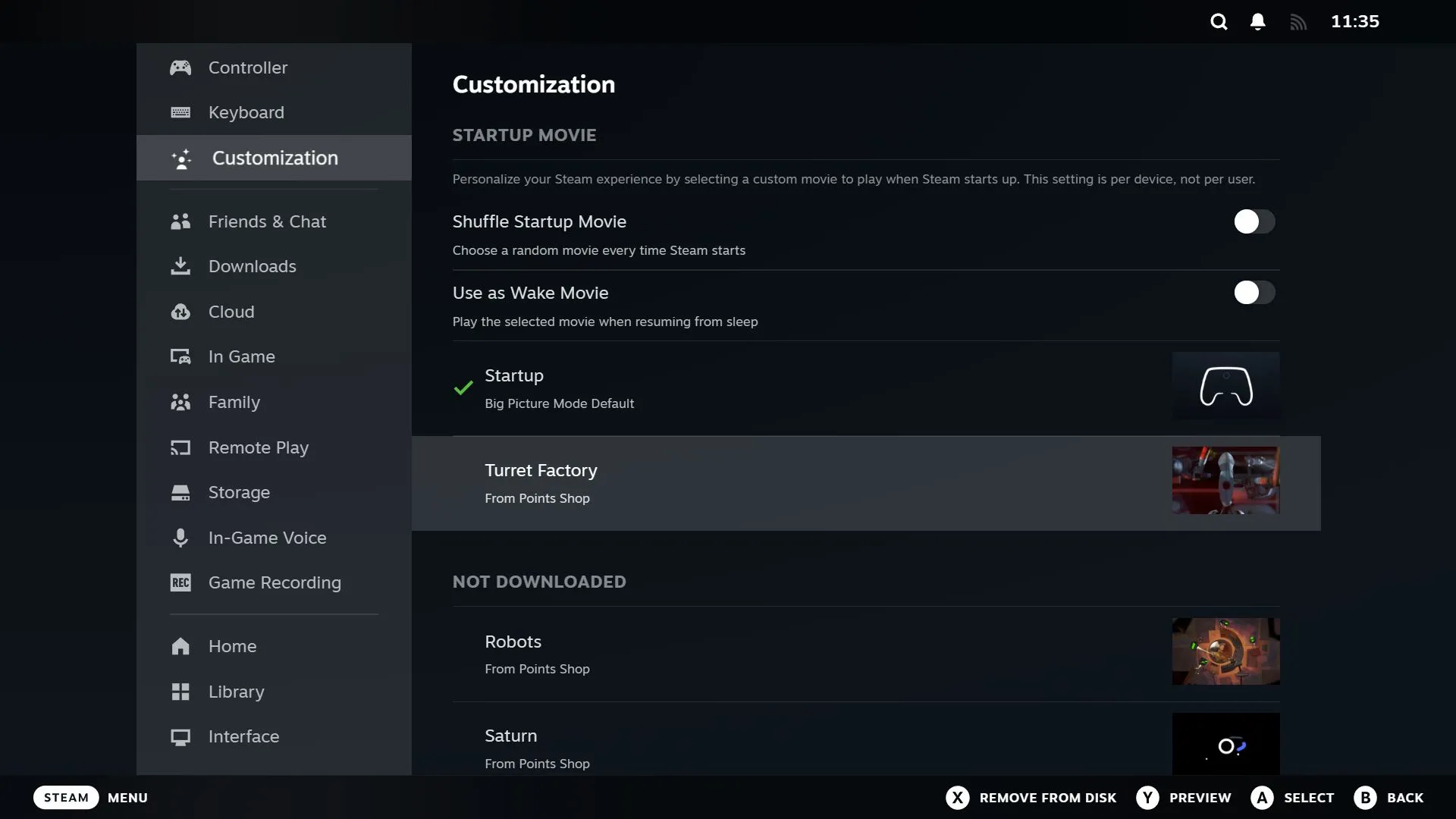 Giao diện cài đặt Tùy chỉnh trên Steam, hiển thị danh sách các video khởi động đã tải về và mục video khởi động đang hoạt động.
