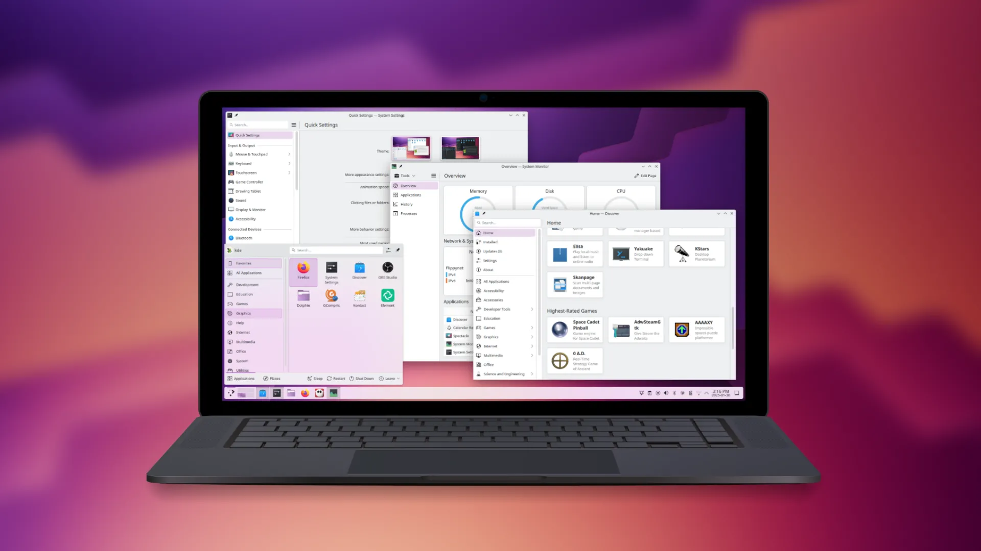 Giao diện desktop KDE Plasma 6.3 trên máy tính xách tay với hình nền gradient tím vàng, thể hiện tính năng mới và tập trung vào nghệ thuật số