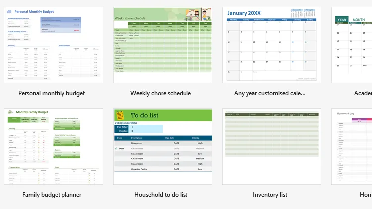 Giao diện hiển thị các mẫu bảng tính Excel có sẵn, giúp người dùng tiết kiệm thời gian và không cần kỹ năng toán cao.