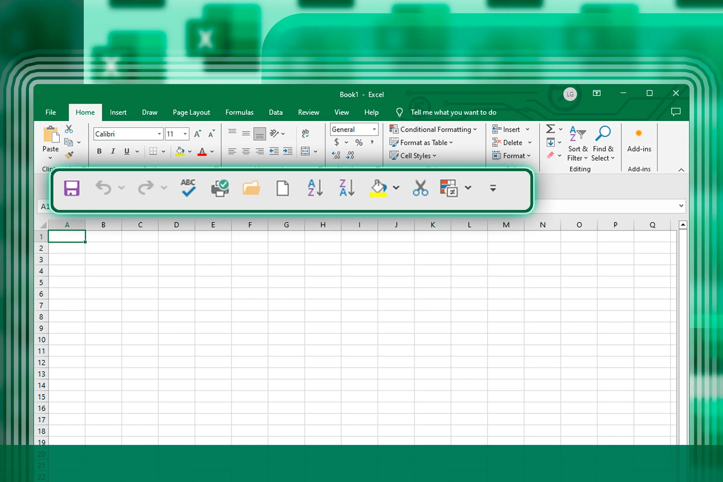 Giao diện Microsoft Excel với thanh công cụ truy cập nhanh (QAT) được hiển thị, sẵn sàng để thêm các tính năng như công cụ Camera.