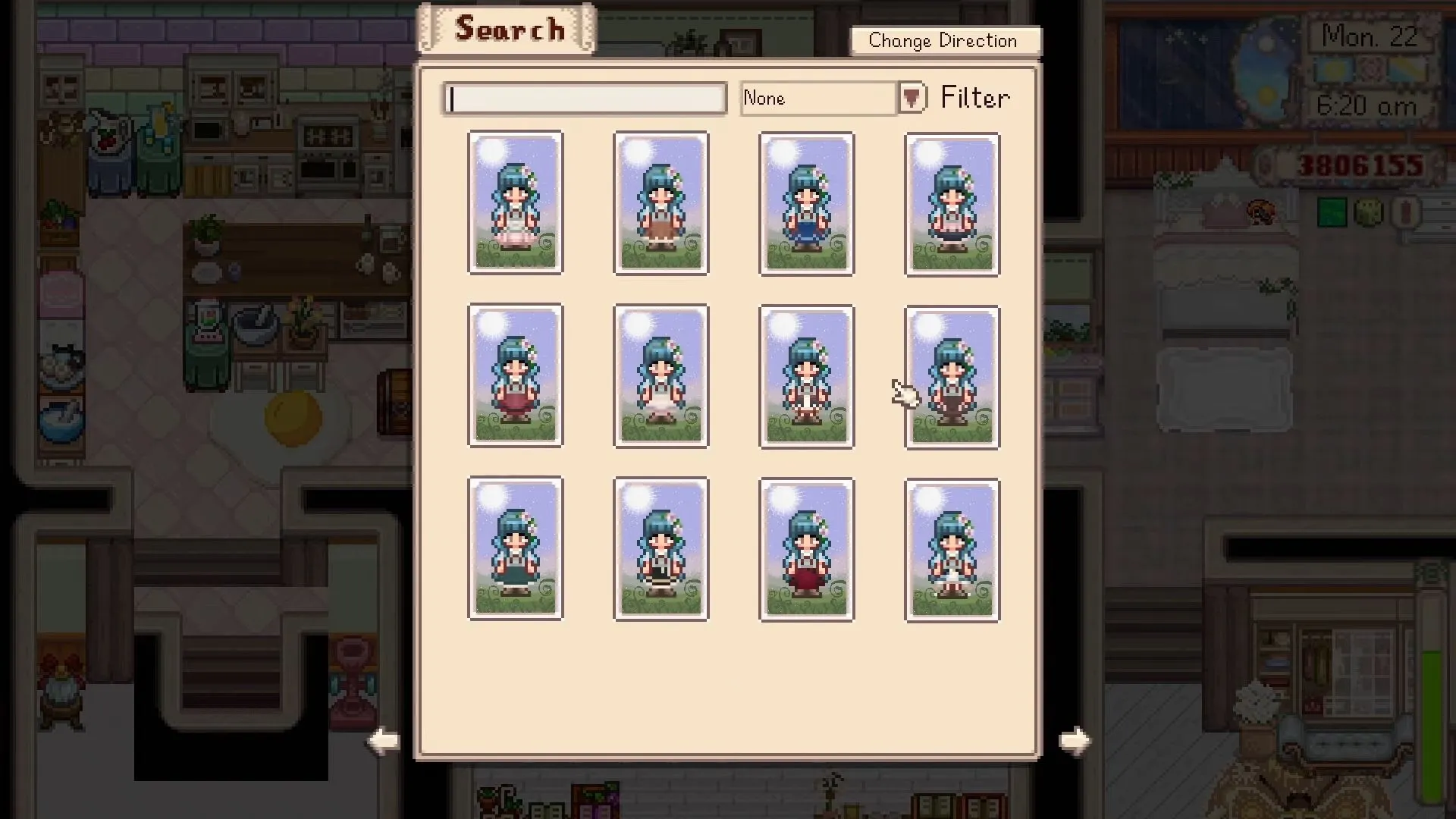 Giao diện người dùng của Fashion Sense mod cho phép người chơi thay đổi diện mạo bằng gương cầm tay trong Stardew Valley