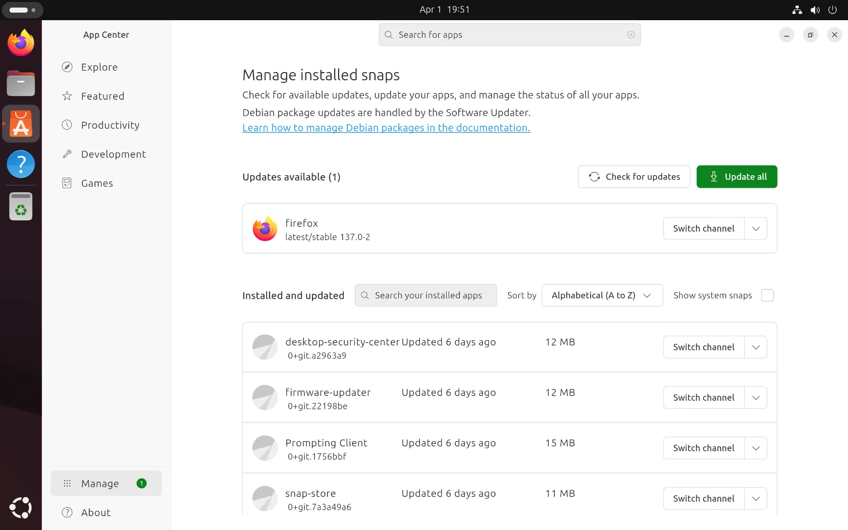 Giao diện quản lý và cập nhật phần mềm trong Ubuntu 25.04, cho phép người dùng dễ dàng cài đặt các ứng dụng