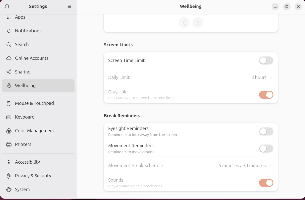 Giao diện tab &quot;Wellbeing&quot; mới trong ứng dụng Cài đặt của Ubuntu 25.04, hiển thị các tùy chọn quản lý thời gian sử dụng màn hình