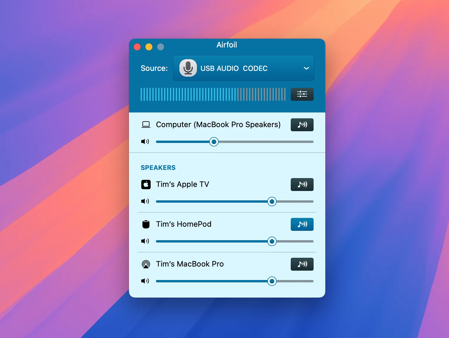 Giao diện ứng dụng Airfoil trên Mac hiển thị nguồn âm thanh USB và lựa chọn thiết bị AirPlay đích.