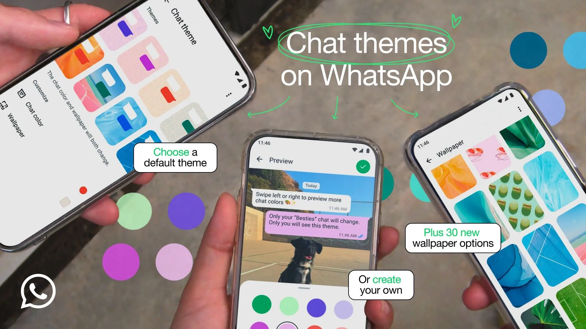 Giao diện WhatsApp với các chủ đề trò chuyện mới trên hai điện thoại di động, thể hiện khả năng cá nhân hóa ứng dụng