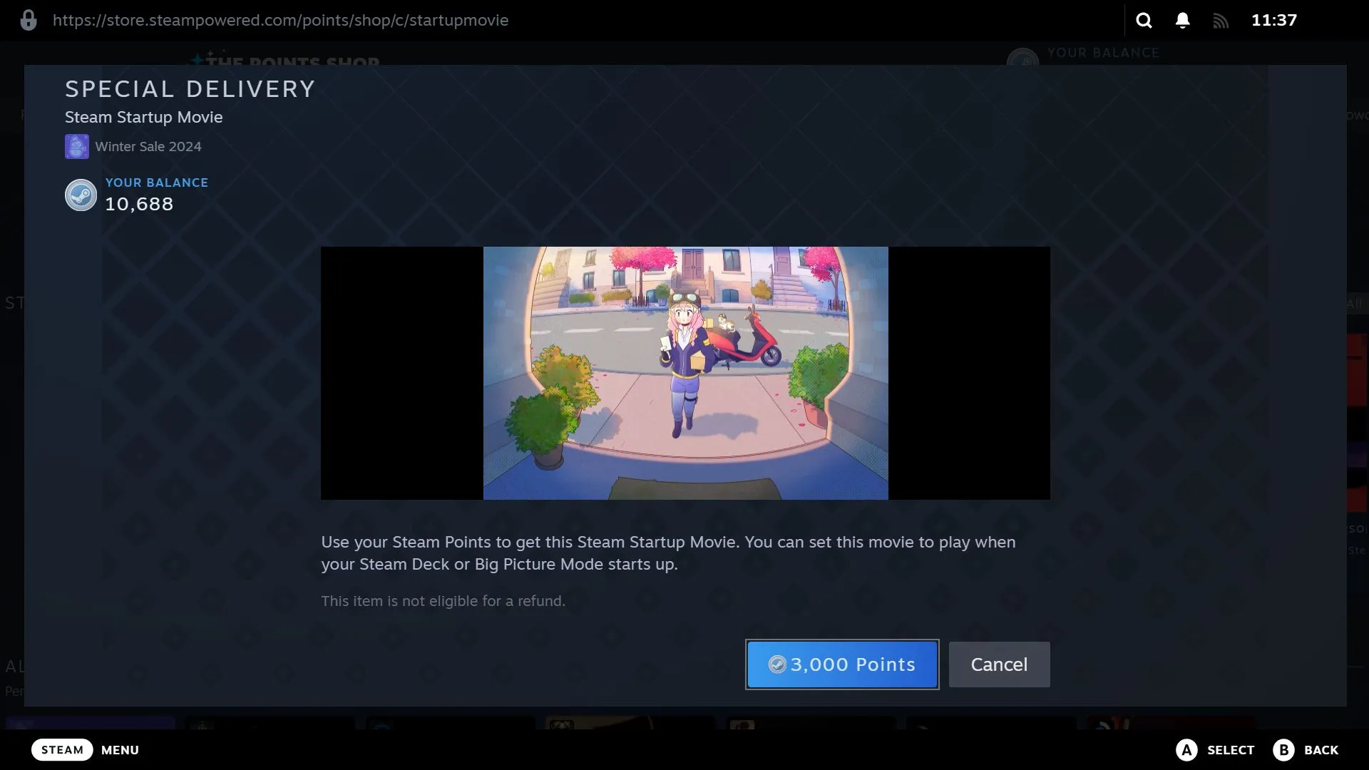 Giao diện xem trước một video khởi động Steam trong Cửa hàng Điểm, hiển thị nút mua 3,000 điểm.