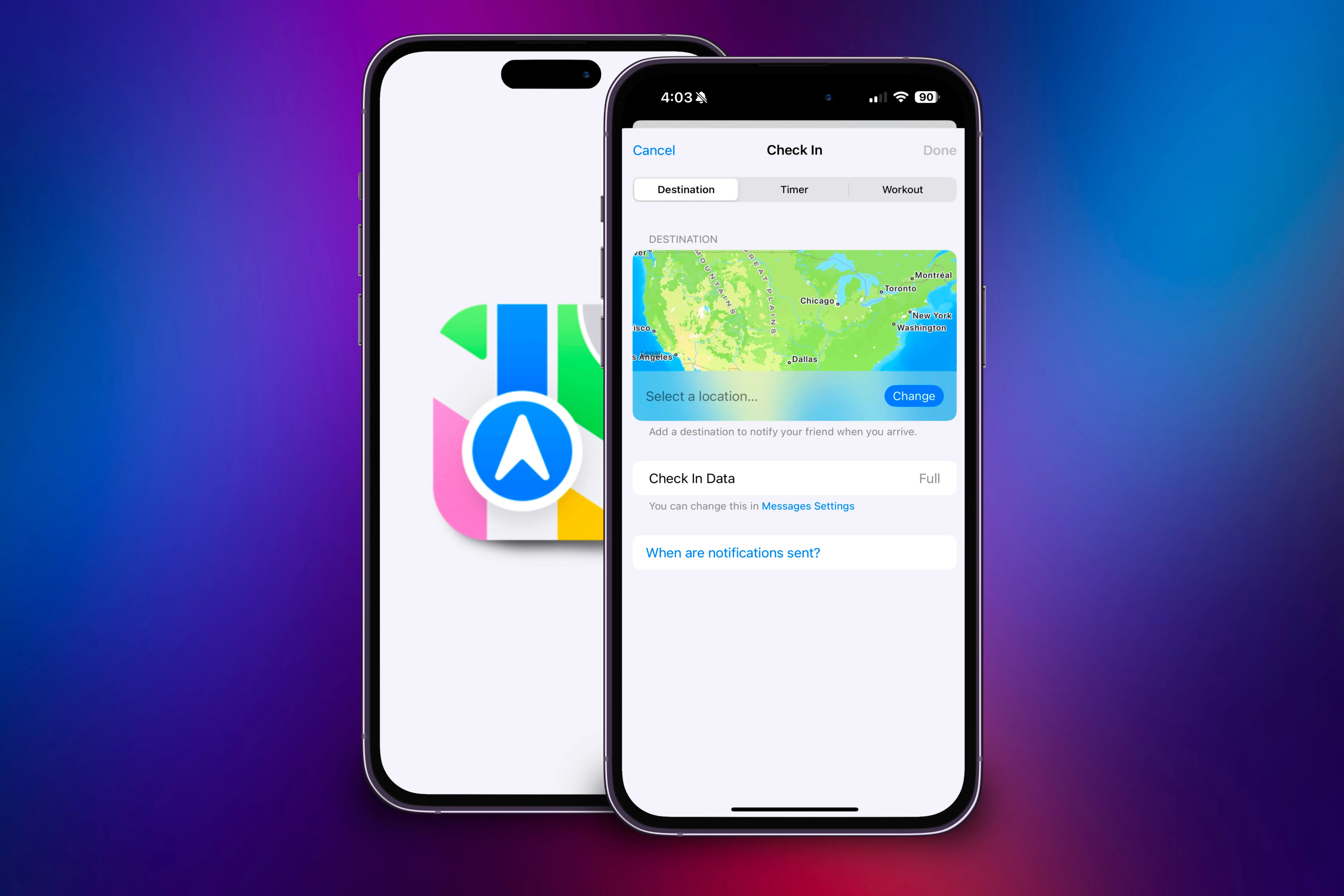 Hai chiếc iPhone, một hiển thị biểu tượng Apple Maps và chiếc còn lại đang thay đổi địa chỉ trong Check In, minh họa ý tưởng ghi nhớ địa điểm thường xuyên để tối ưu trải nghiệm người dùng.