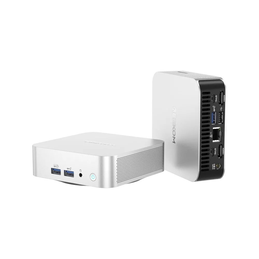 Hai góc nhìn khác nhau của mini PC GEEKOM A6, trưng bày thiết kế và các cổng.