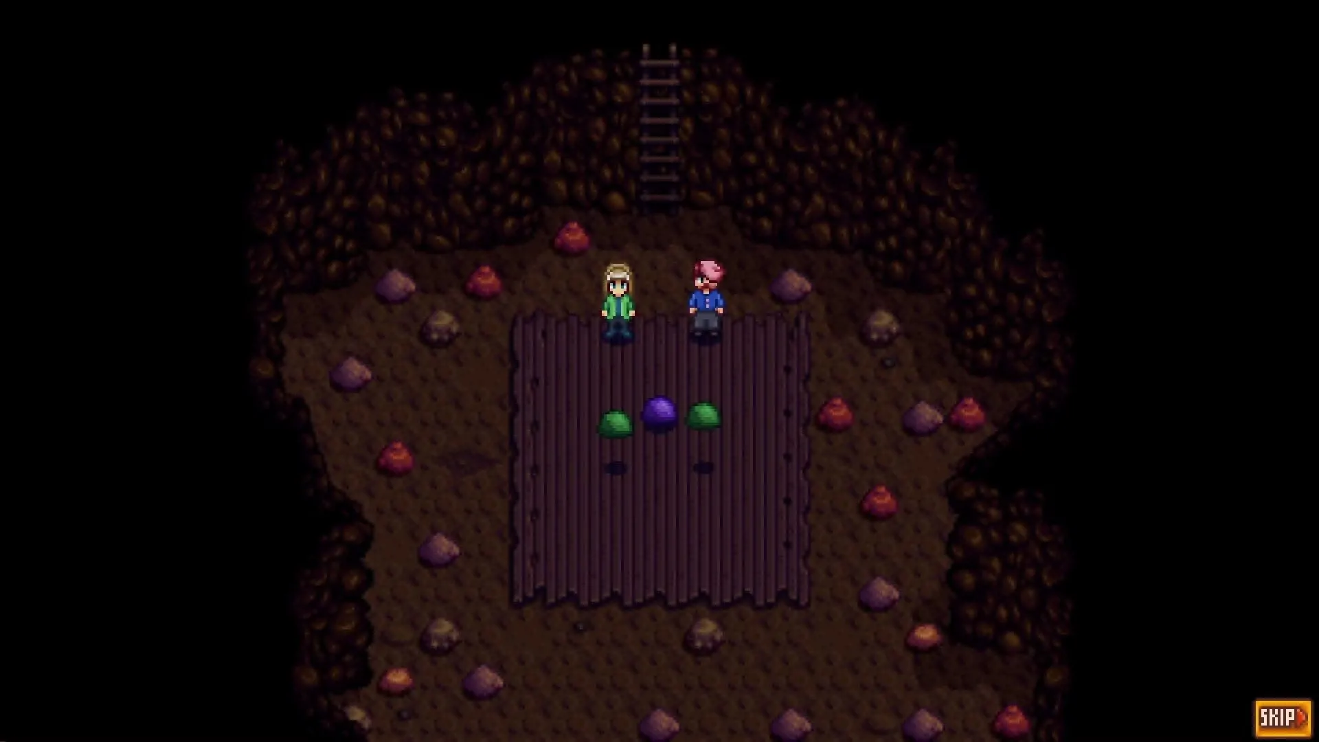 Hai nhân vật trong Stardew Valley cùng ba con slime thân thiện bên trong hang động, minh họa mod Adventurer's Guild Expanded