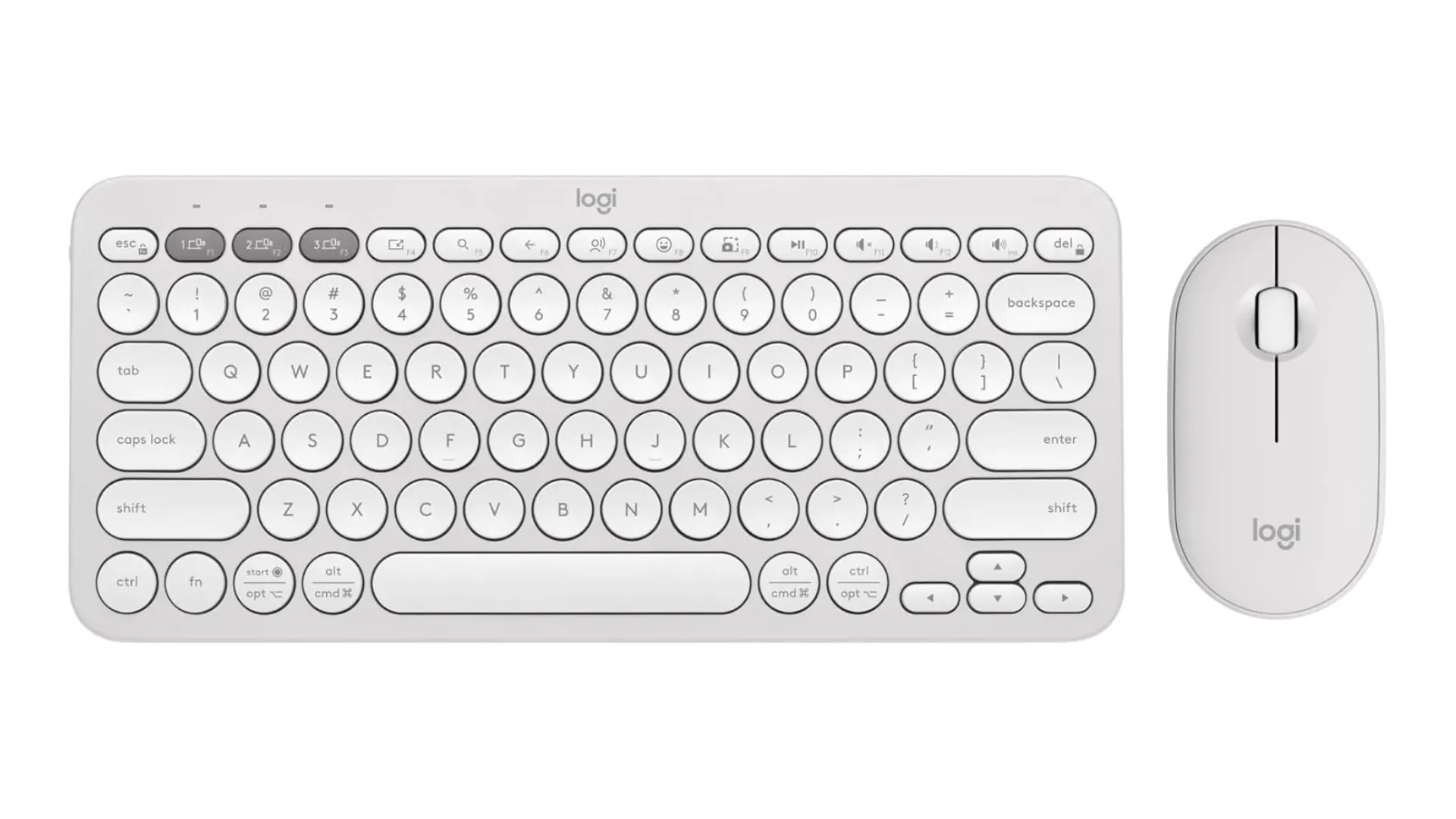 Hình ảnh bàn phím và chuột không dây của Logitech với thiết kế hiện đại, đặt trên nền trắng, thể hiện sự tiện lợi trong công việc.