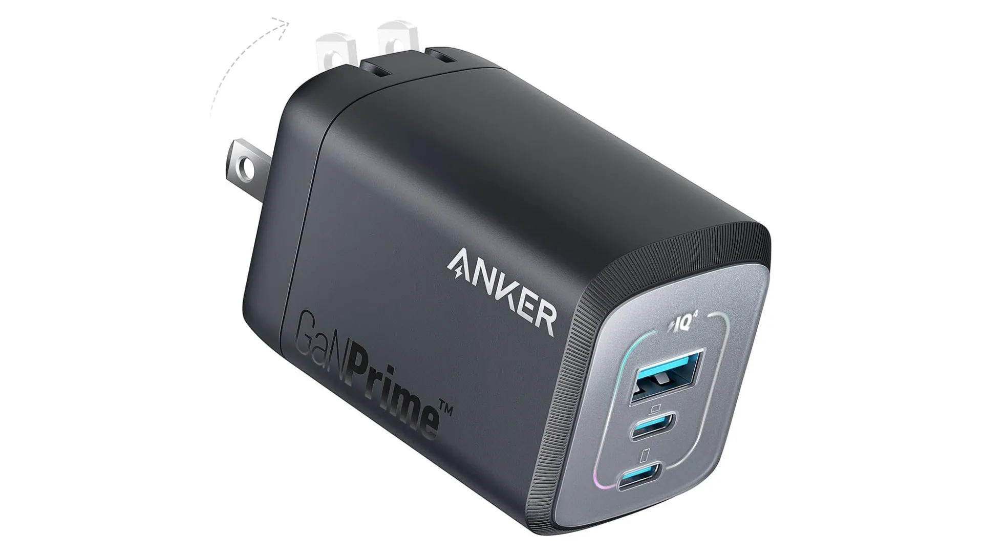 Hình ảnh bộ sạc nhanh đa cổng của Anker với công nghệ GaN, nhỏ gọn và mạnh mẽ, đặt trên nền trơn.