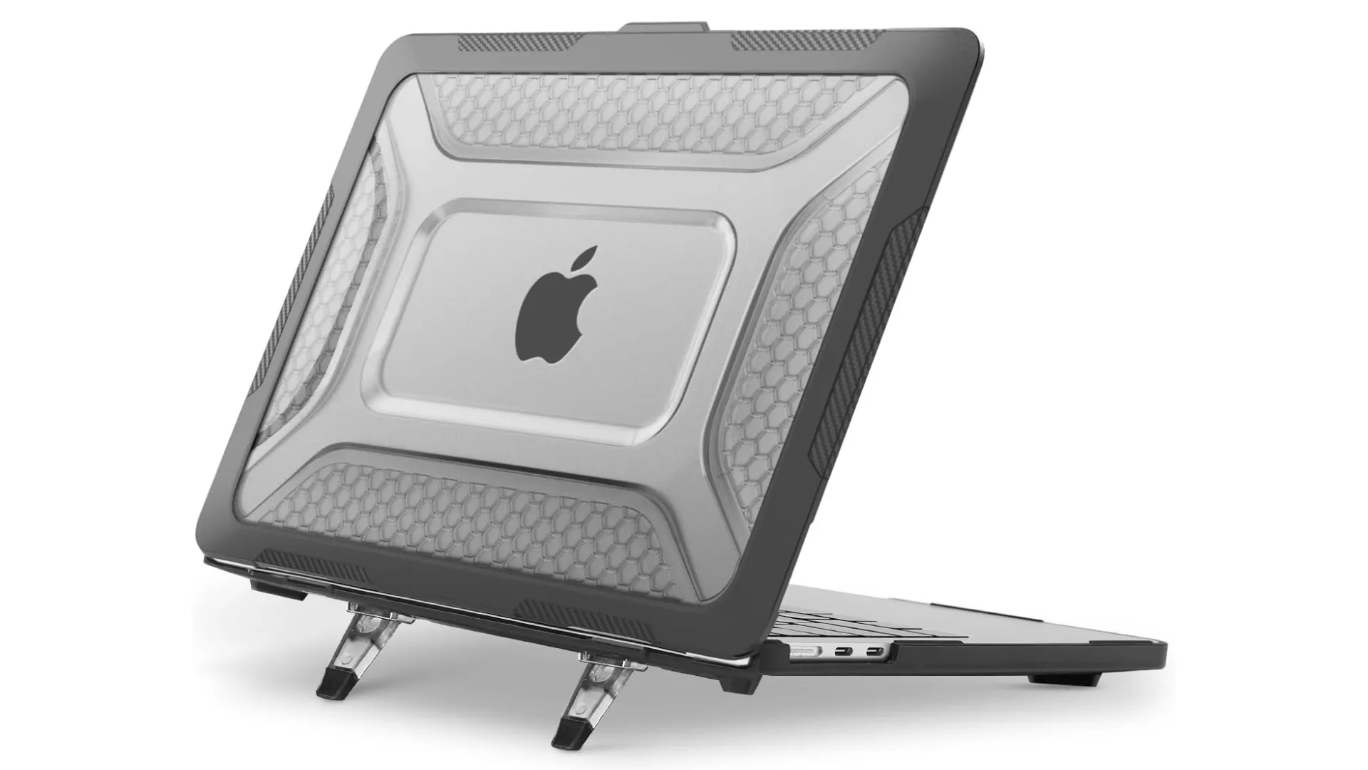 Hình ảnh chiếc ốp lưng nhựa cứng màu đen ôm sát MacBook, đặt trên nền trắng tinh khôi, thể hiện sự bảo vệ tối ưu cho thiết bị.