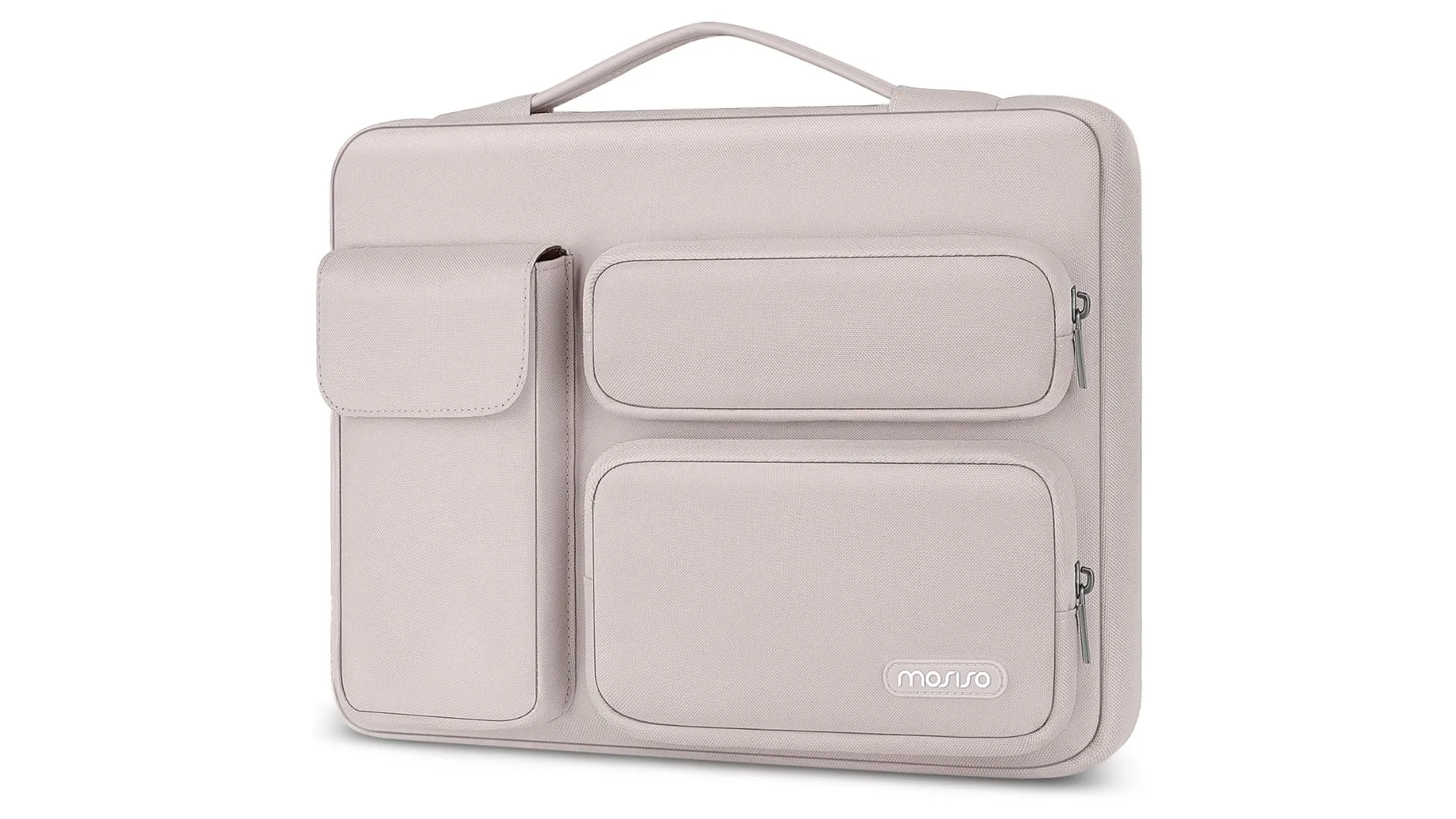 Hình ảnh chiếc túi chống sốc màu xám tro cho MacBook, với các ngăn phụ tiện lợi, đặt trên nền trắng.