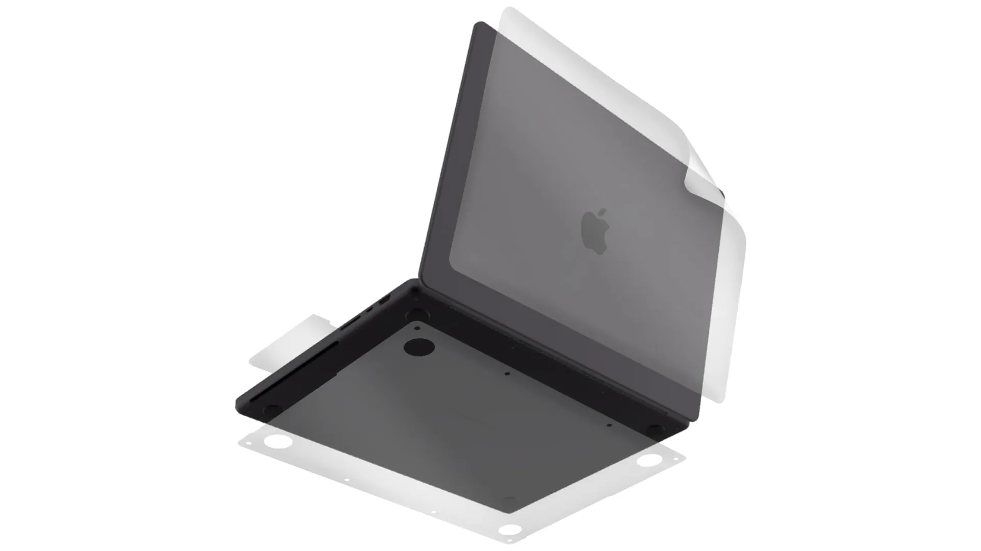 Hình ảnh miếng dán bảo vệ (skin) trong mờ, được dán trên mặt lưng của MacBook, cho thấy khả năng giữ nguyên thiết kế gốc của máy.