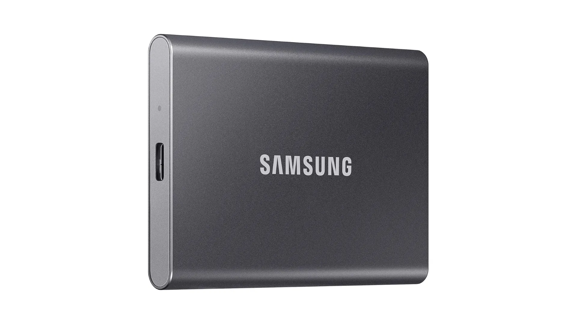 Hình ảnh ổ SSD di động Samsung T7, nhỏ gọn và màu xám, đặt trên nền trắng, biểu trưng cho giải pháp lưu trữ nhanh chóng.