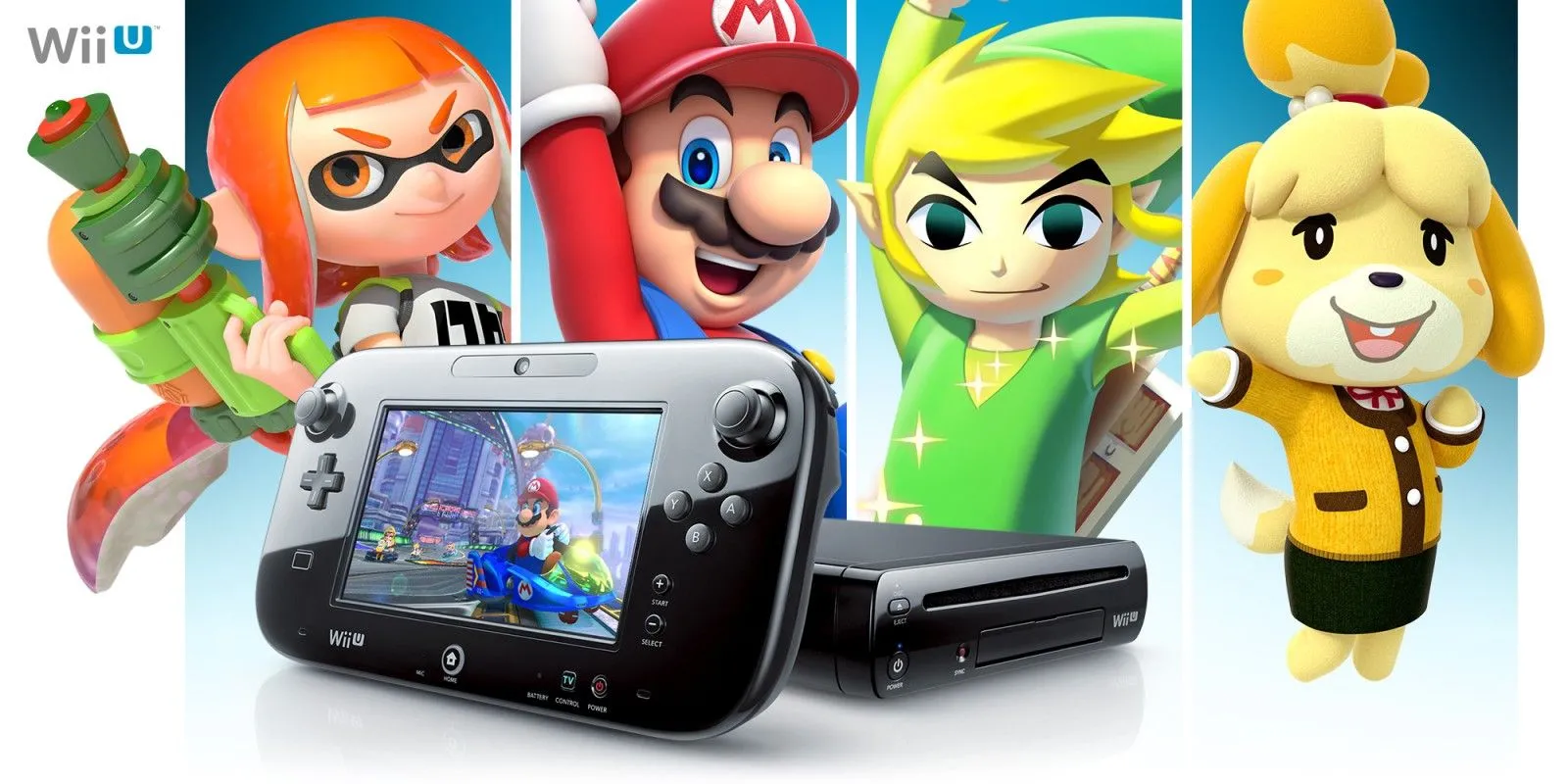 Hình ảnh quảng cáo máy chơi game Wii U của Nintendo, nhấn mạnh thiết kế độc đáo của GamePad, nhưng chỉ hỗ trợ một tay cầm.