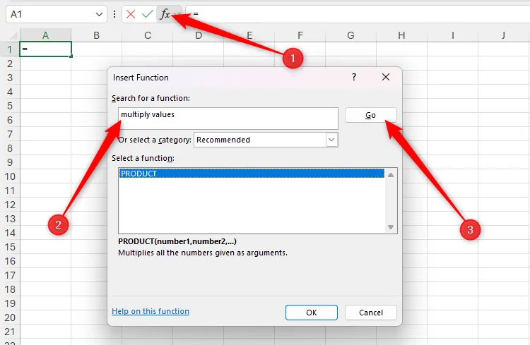 Hộp thoại chèn hàm (Insert Function) trong Excel, với từ khóa &quot;multiply values&quot; được tìm kiếm để hỗ trợ người dùng không cần nhớ cú pháp toán học.
