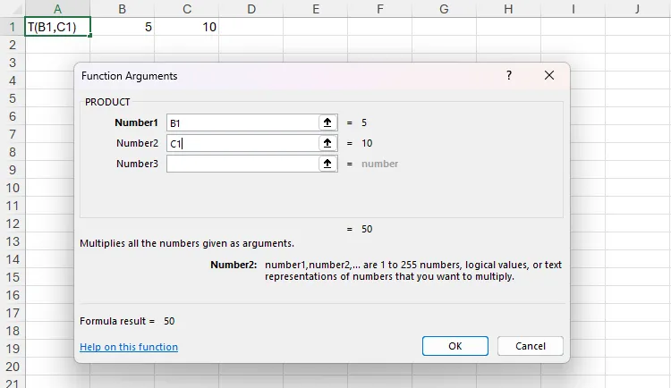 Hộp thoại đối số hàm (Function Arguments) của Excel, minh họa cách sử dụng hàm PRODUCT để nhân giá trị từ các ô B1 và C1, đơn giản hóa việc tính toán cho người dùng.