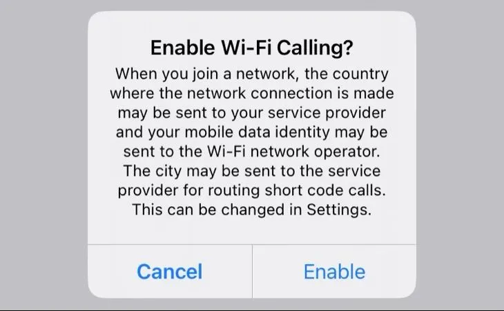 Hộp thoại xác nhận bật tính năng Cuộc gọi Wi-Fi trên iPhone, minh họa cách tiết kiệm pin hiệu quả
