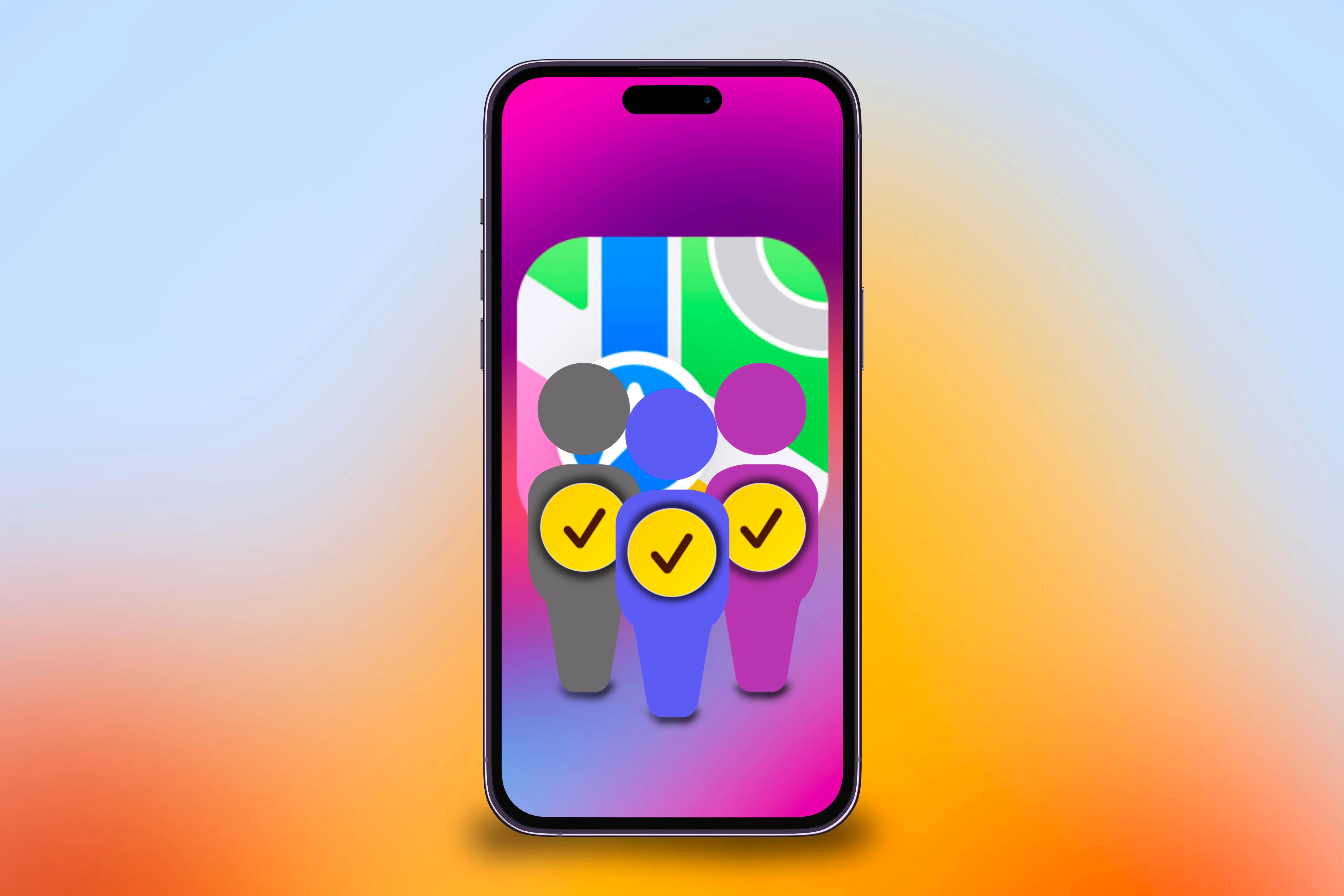 iPhone hiển thị nhiều biểu tượng người và biểu tượng ứng dụng Apple Maps, tượng trưng cho khả năng gửi Check In tới nhiều người và nhiều địa điểm cùng lúc.