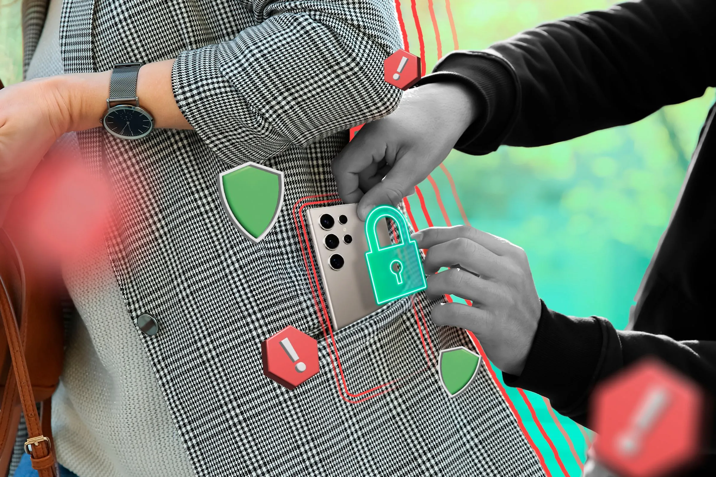 Kẻ trộm giật điện thoại từ túi quần của một phụ nữ, minh họa nguy cơ mất cắp điện thoại thông minh và dữ liệu cá nhân