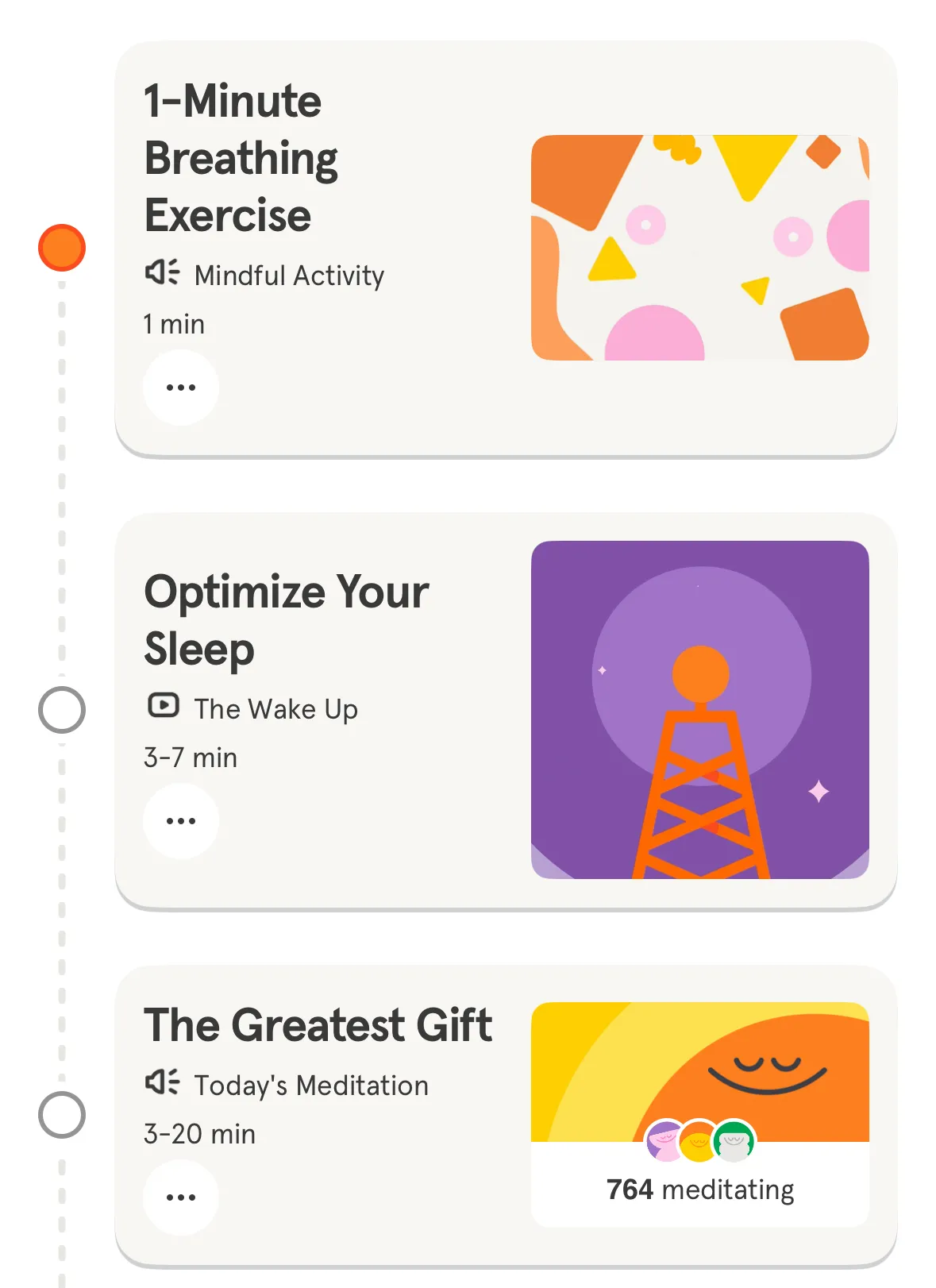 Lịch trình các bài tập chánh niệm và thiền định trong ứng dụng Headspace.
